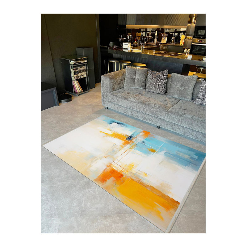 Tapis décoratif moderne à motif abstrait bleu fumée et lavable à la machine, Tapis de couloir 3 pi 3 po x 6 pi 7 po inclus
