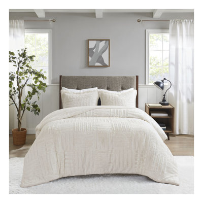 Ivory Faux Fur Twin Size Comforter Set with Checkerboard Pattern - Hypoallergenic Down Alternative Bedding Set with 2 Matching Shams