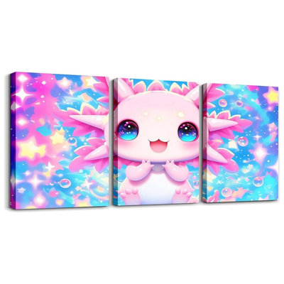 Kids Cute Axolotl Canvas Wall Art Set Of 3 For Girls Teens Pink Axolotl Wall Decor Dreamy Princess Rainbow Galaxy Framed Paintings Artwork Cartoon Bubble Stars Sky Poster Prints 12X16 Inch