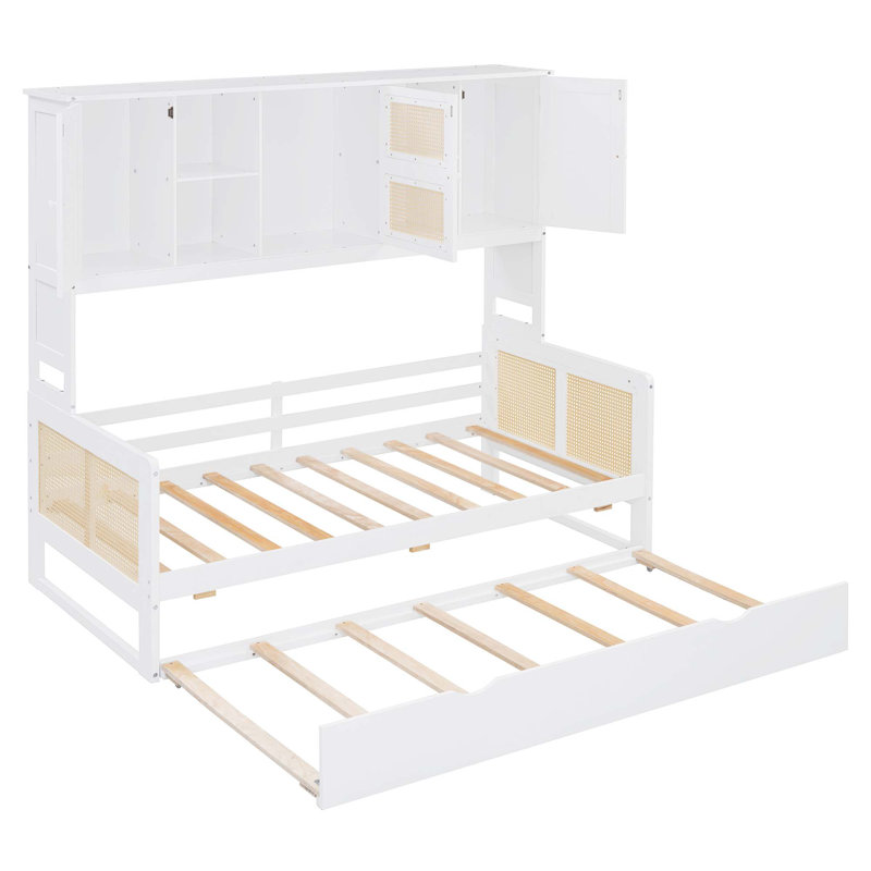 Lit de jour en bois avec lit gigogne, armoire et tablette tout-en-un, Simple, Blanc