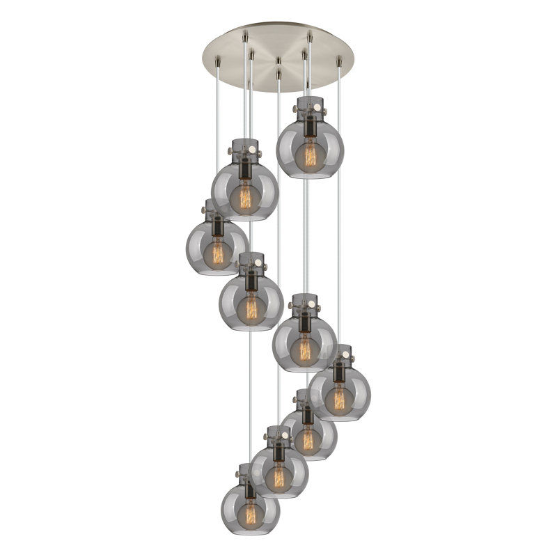 Luminaire suspendu 9 lumières Amrith, Gris fumée clair, Nickel satiné brossé
