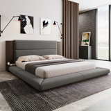 Floor Upholstered Platform Bed With Extended Wood Headboard & Bedside Shelf