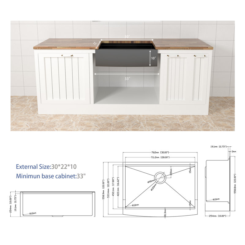 Évier de cuisine de ferme avec grille d'évier et ensemble de drain L 30 po x l 22 po