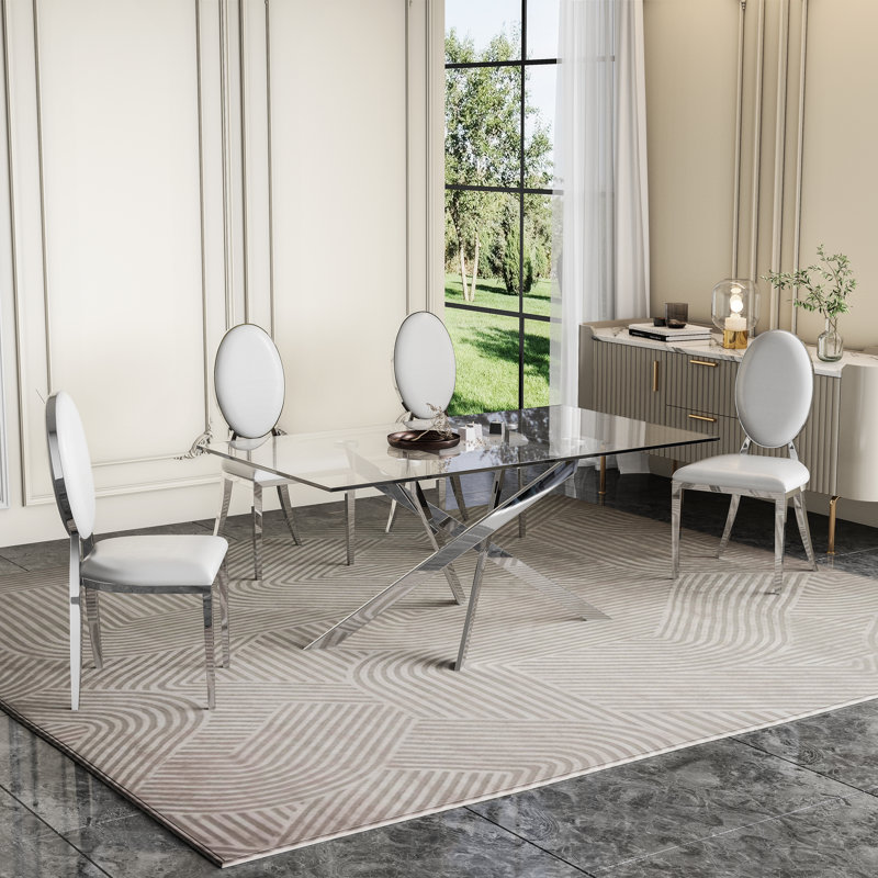  Bithiah 50'' Pedestal Dining Table with Metal Legs for 4-6 People, Silver