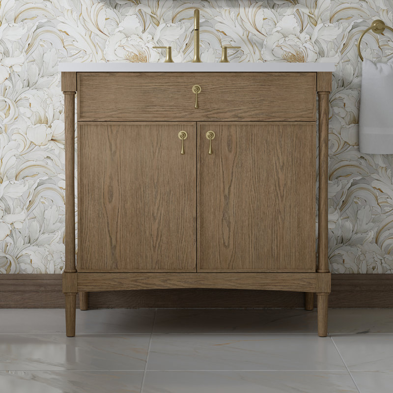 Kinnsden 36" W Single Vanity, White Zeus Silestone, 8" Widespread, Weathered Oak