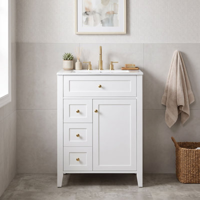 Bathroom Vanity Cabinet with Ceramic Sink, Tip-Out Drawer, 2 Storage Drawers and Two-Tier Storage Rack