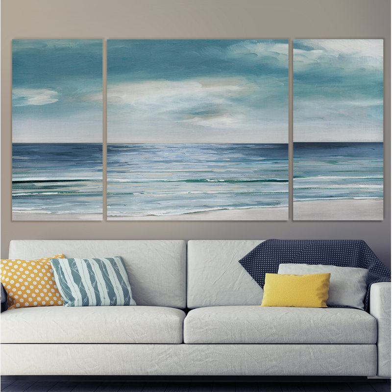 " Blue Silver Shore " 3 - Pieces Painting Print, 40" H x 80" W x 1.5" D