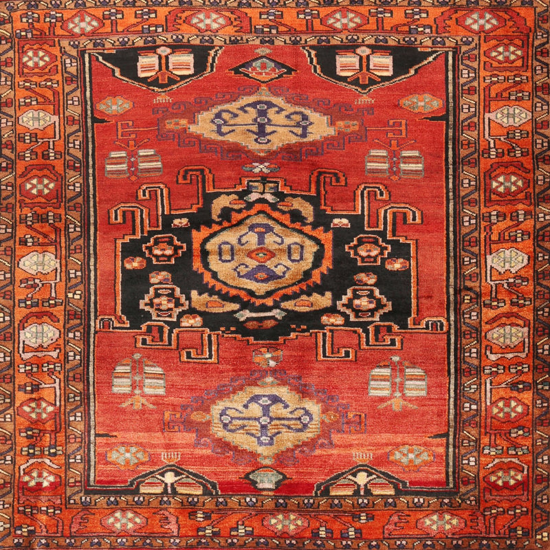 Tapis traditionnel rouge / beige / bleu, Carré 7 pi