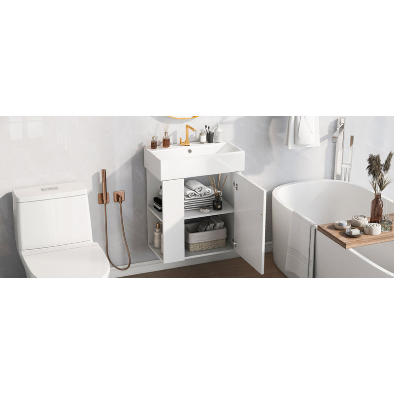 Meuble-lavabo flottant avec lavabo en céramique, Blanc, Doré