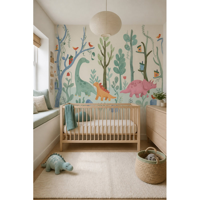 Papier peint Forêt féérique, Bois enchanté, Décoration murale amovible avec dinosaures, 200"x120", Peel and Stick