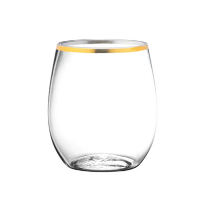 Disposable Gold Rim Stemless Plastic Wine Glasses Goblet 12 Oz