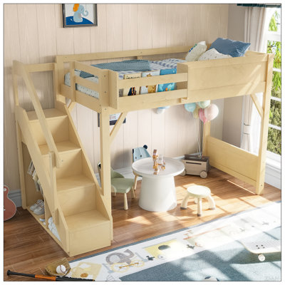 Lit mezzanine simple avec garde-robe et espace de rangement intégrés, lit mezzanine en bois massif avec tablettes à côté, garde-corps pleine longueur et escalier, aucun sommier nécessaire, naturel