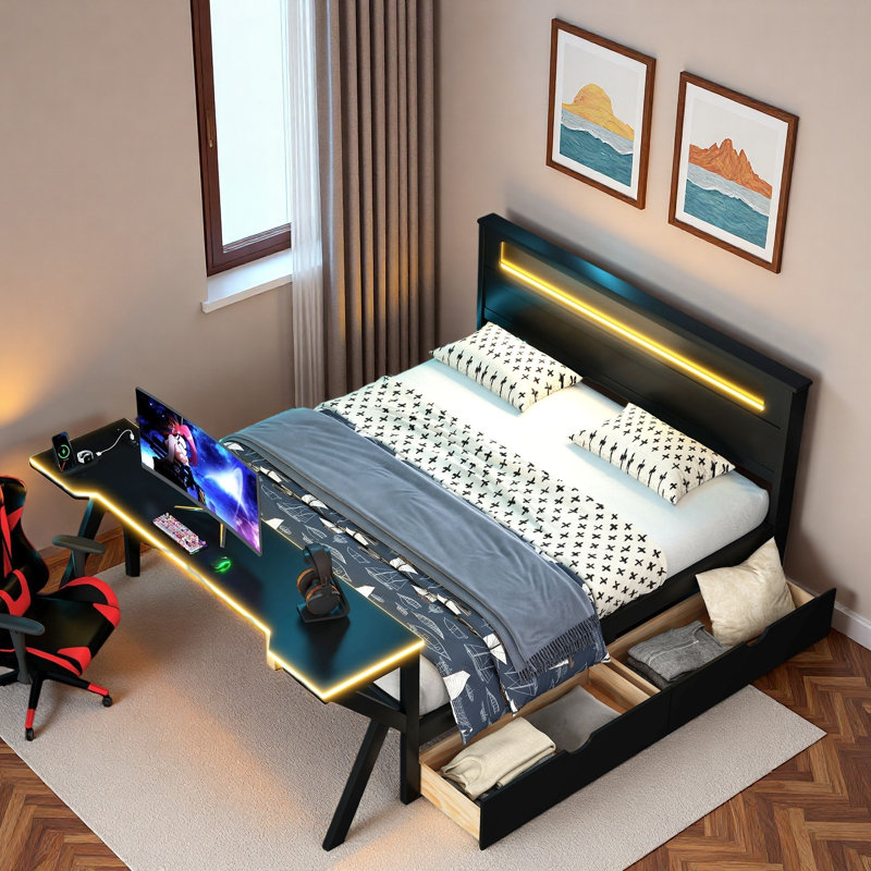Lit plateforme en bois avec tête de lit, bureau à DEL, station de charge et 2 tiroirs de rangement, Double