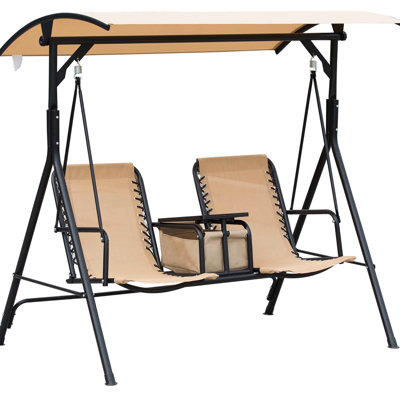 2 Patio Swing With Canopy, Storage Space & Sun Shade Adjustable, Steel Frame, Beige 2 Swing, Canopy Adjustable Shade, Storage, Cup Holder, Robust,