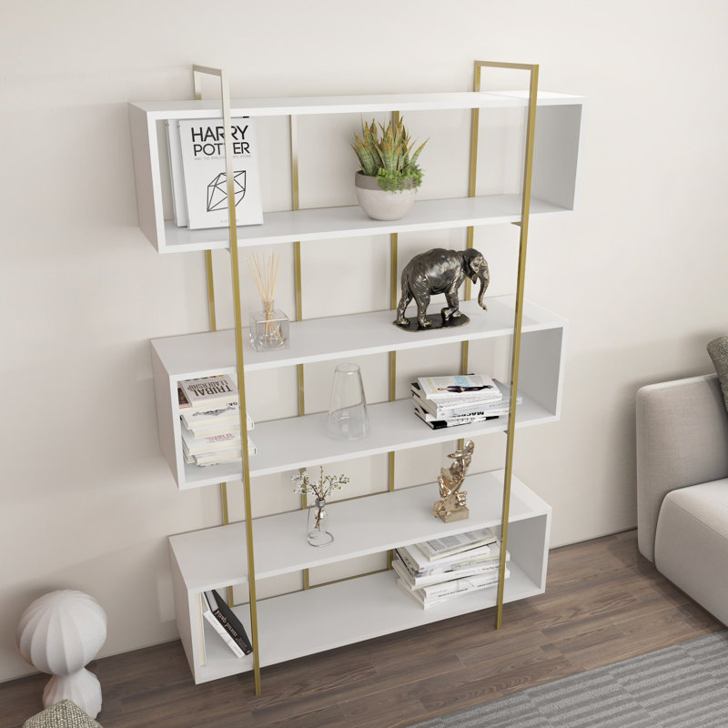 Modern White & Gold Bookshelf, 47.2 x 70.9 x 11.6 Inches | 100% Melamine Coated Particle Board, Thickness: 0.7 Inches | Elegant Solid Color Design, Perfect for Home or Office Décor, Stylish & Functional Storage Solution