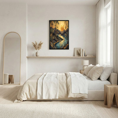 «Bamboo Forest Mountains with Gold Leaf Sun», art mural