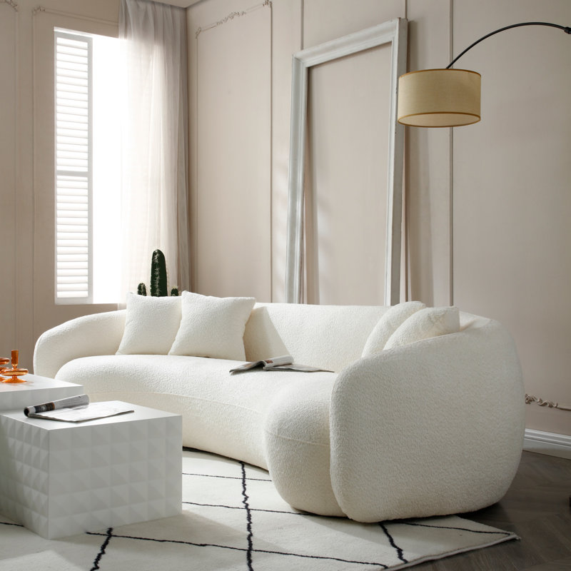 102'' 5-Seater Boucle Sofa Modern Sectional Half Moon Leisure Couch Curved Sofa Teddy Fleece Velet, White Boucle