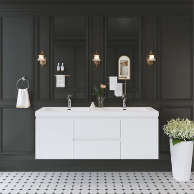 Meuble-lavabo flottant 60 po avec lavabo, meuble-lavabo mural avec lavabo à surface solide et deux tiroirs à fermeture en douceur, blanc brillant
