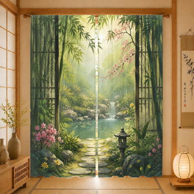 Rideaux de jardin japonais 2 pièces, forêt de bambou sereine avec cascade et pierres de gué, filtrage de la lumière, conception à passe-tringle, parfait pour le salon, la chambre à coucher, le balcon, la cuisine