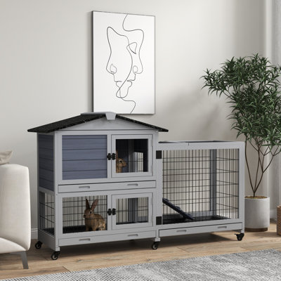 Maison à 2 étages avec toit imperméable, 59,8 po x 20,9 po x 39,2 po, gris, plateau coulissant pour lapins, grande capacité, roues équipées