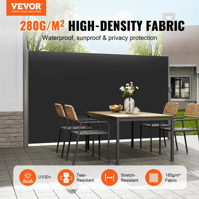Auvent rétractable latéral, écran d'intimité extérieur en aluminium 71 po x 118 po, écran de patio rétractable imperméable en polyester 280 g, pare-vent diviseur de pièce UV 30+ pour patio, cour arrière, balcon, noir