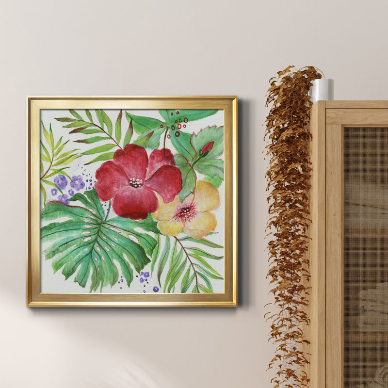 Fleurs tropicales - Peinture sur toile encadrée, H 32 po x l 32 po x P 1 po, Toile encadrée dorée
