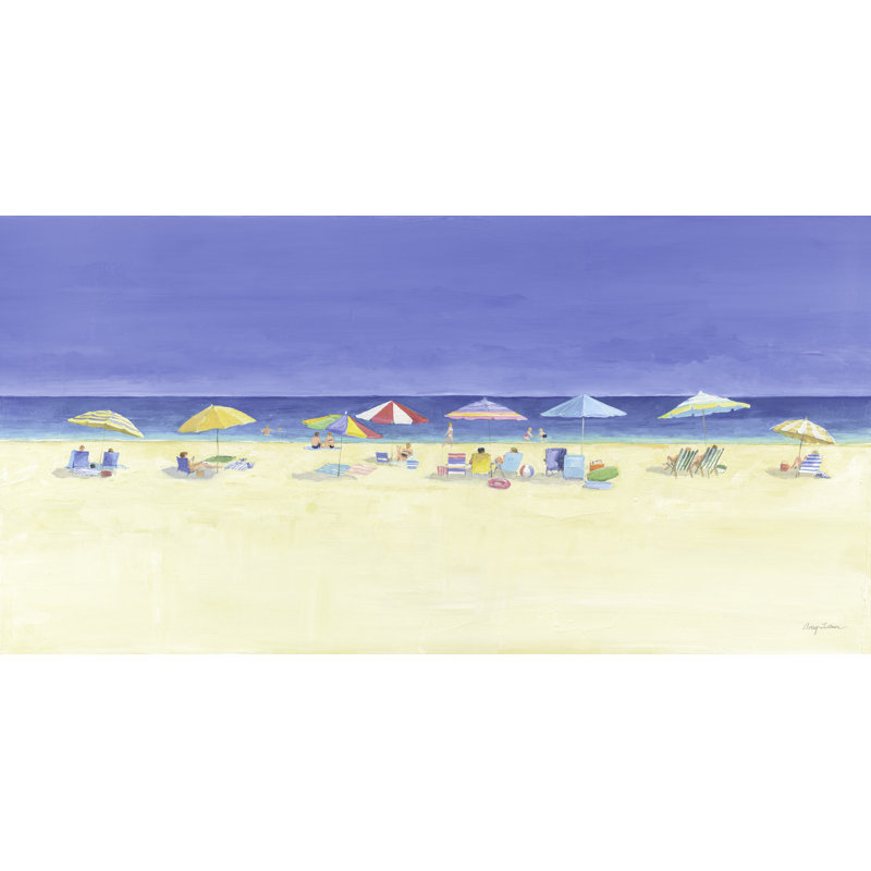Journée à la plage, peint, rétro, ombelles, bleu, océan, sans, brun clair, jaune, rouge, H 24 po x l 48 po x P 1,5 po
