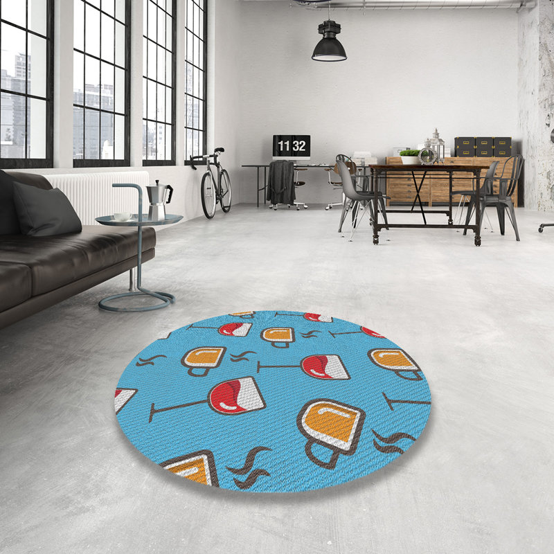 Tapis bleu ciel/jaune/rose à motifs, Rond 4 pi