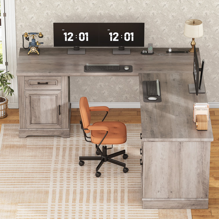 Farmhouse Executive L Shaped Desk, Home Office Desk With File Drawer And Power Outlet, Computer Corner Desk With Drawers And Storage Cabinet, Workstation For Office Home