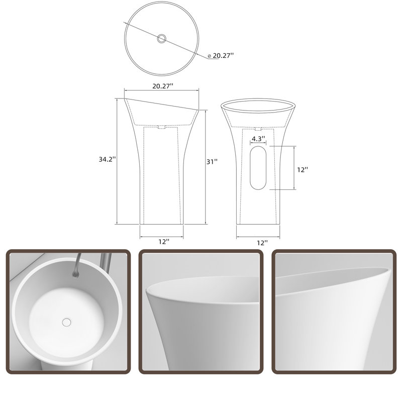 Lavabo de salle de bain circulaire à piédestal à surface solide MONSFEST