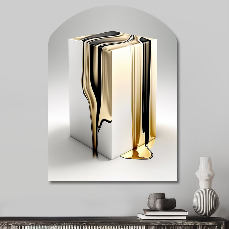 «Black and Gold Cubic Expression I» - Cubisme, décoration murale asymétrique en métal, arche moderne, H 34 po x l 25 po