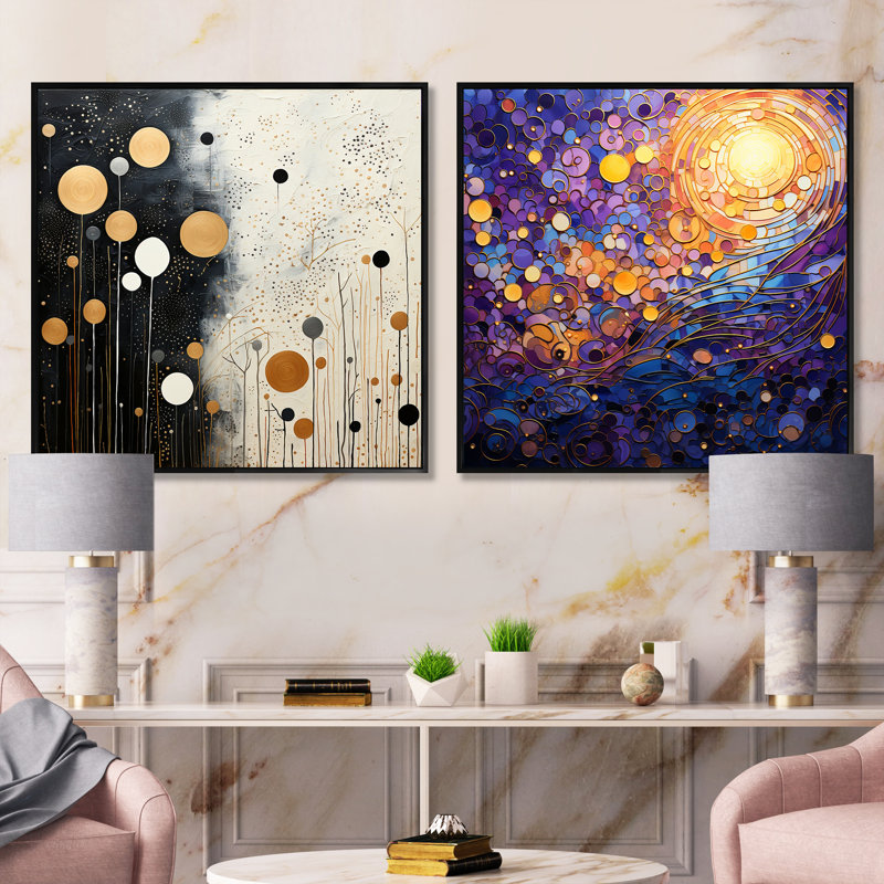 Celenade Serade - Ensemble de 2 collages abstraits carrés, Cadre flottant noir, H 16 po x l 33 po
