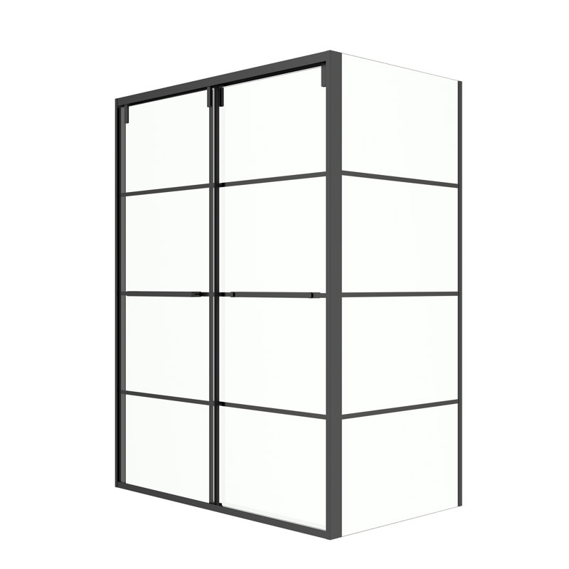 Porte de douche coulissante réversible encadrée Trevor l 60 po x H 79 po avec panneau latéral 32 po noir mat et verre trempé transparent de 8 mm
