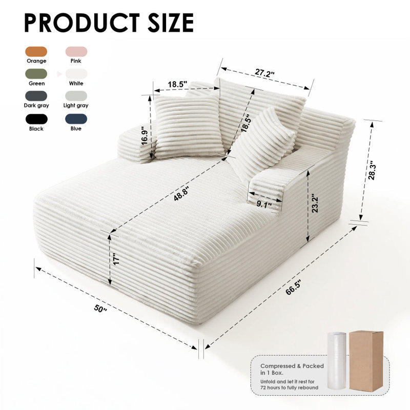 67'' Compression Upholstered Boneless Chaise Lounge, Corduroy Sofa Bed With Deep Seat, Pillows And Armrests, No Assembly Required