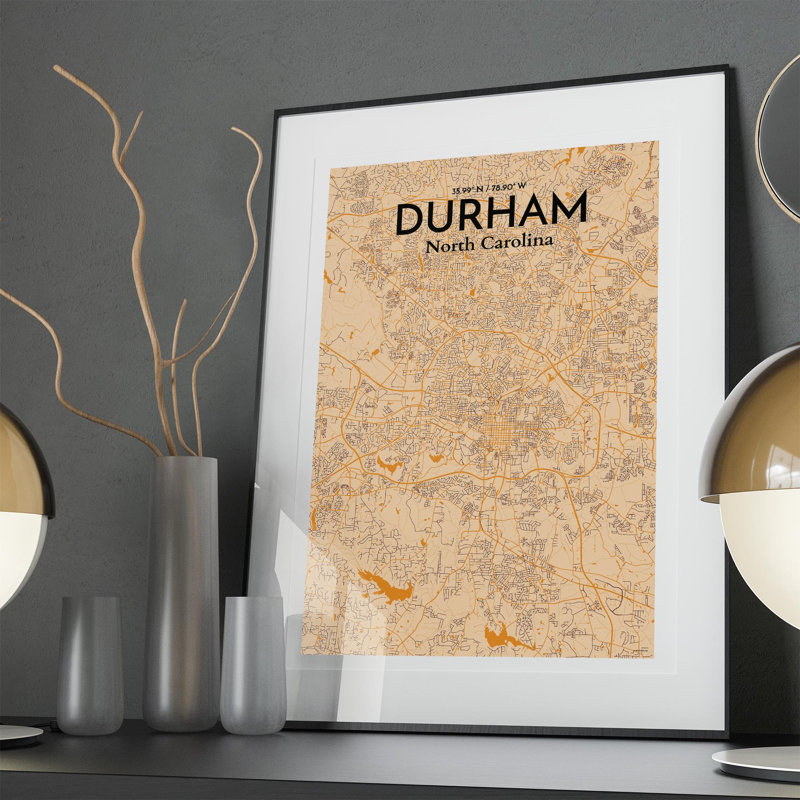 Durham City Map, impression, H 36 po x l 24 po, Orange / or pâle