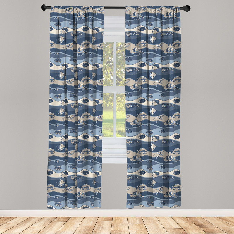 Fish Curtains, Inspired Geometric Aquarium Geometric Pattern Cartoon Style, Window Treatments 2 Panel Set For Living Room Bedroom Decor, Slate And Cadet Blue Tan Semi-Sheer Rod Pocket Sliding Panel
