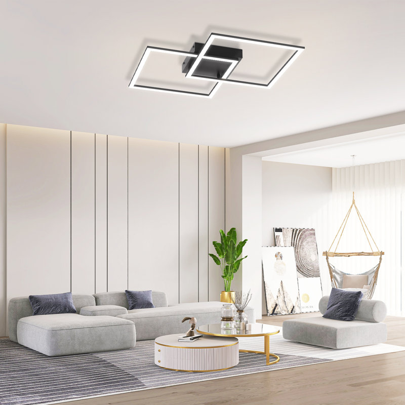LED Ceiling Light 2-Bulb Square Dimmable Modern with Remote Control Living Room 52W, Black