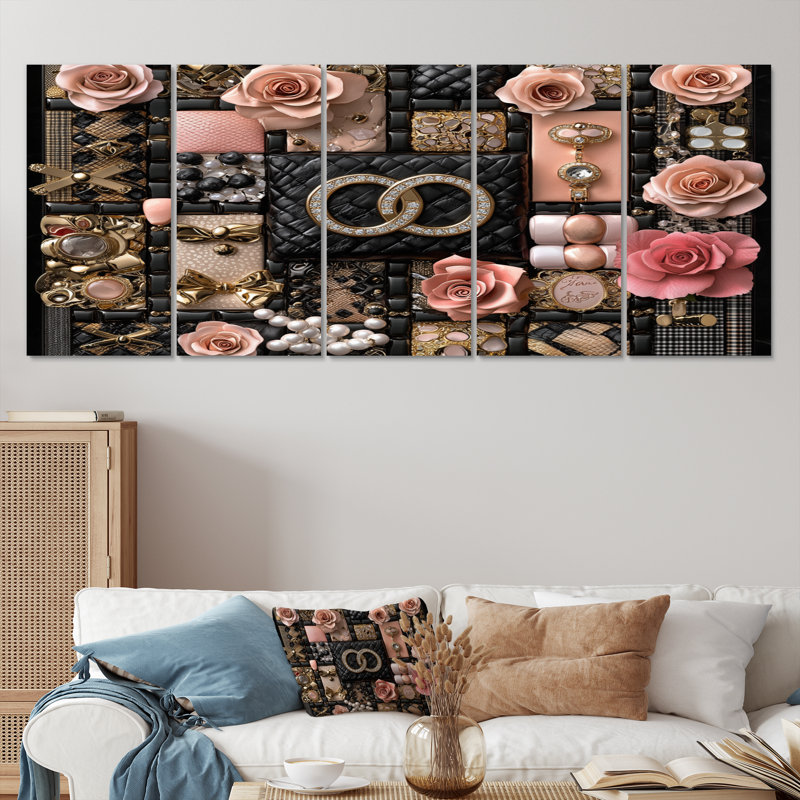 Rose et noir, motif géométrique glamour II - ensemble d'art sur toile tendance, H 32 po x l 80 po