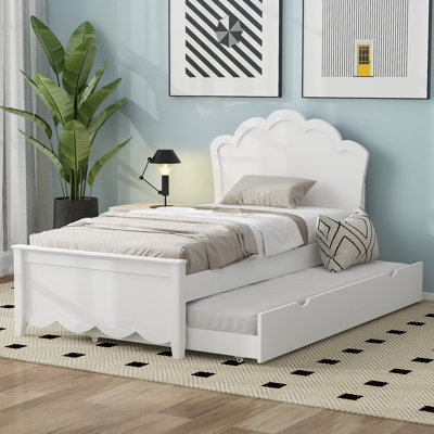 Twin Size Wood Platform Bed With Headboard And Twin Size Trundle, White