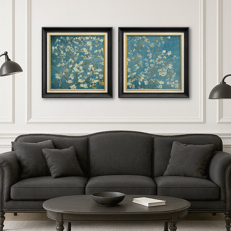 «Blooming Almond Tree Branch», ensemble de 2 toiles encadrées - Peinture florale inspirée de Van Gogh pour les intérieurs artistiques