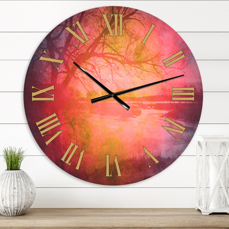 Printemps arbres en rose et rouge rétro - horloge murale, Petit
