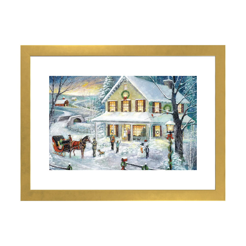 «Christmas visite» par Ruane Manning - reproduction d'art, H 16 po x l 24 po x P 1 po, Papier encadré doré, Blanc