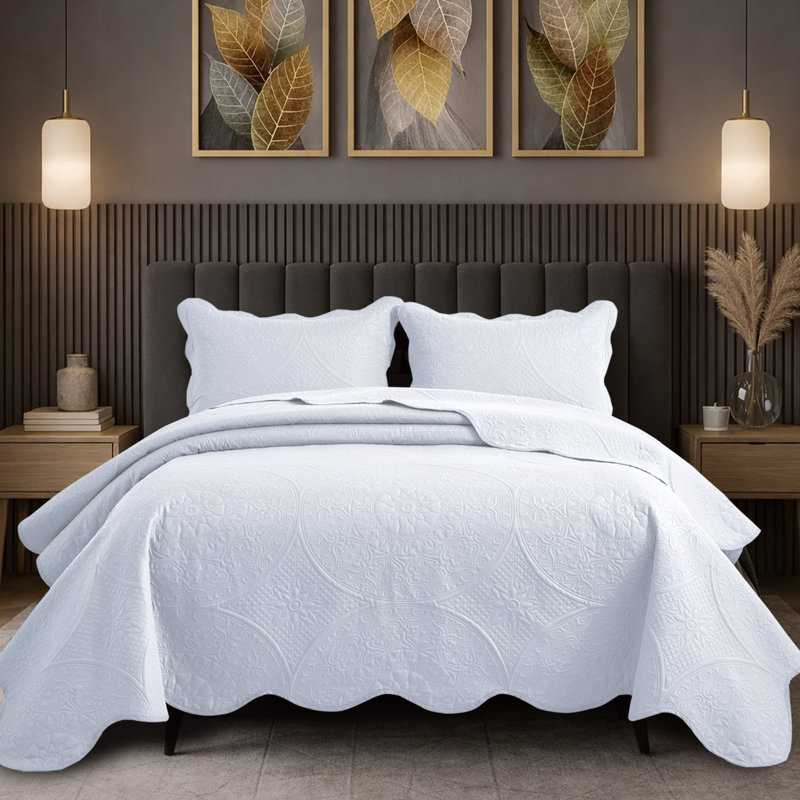 Floral Embossed Quilt Set, White, California King Bedspread + 2 Standard Shams