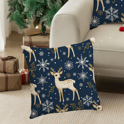 Blue Christmas Linen Material Elks Snowflake Component Pillowcase 18x18 In Home Bedroom Decoration Sofa Cushion