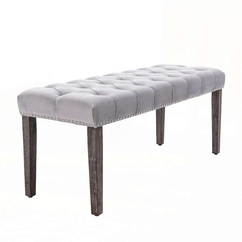 Upholstered Tufted Bench Ottoman, Light Gray, Espresso