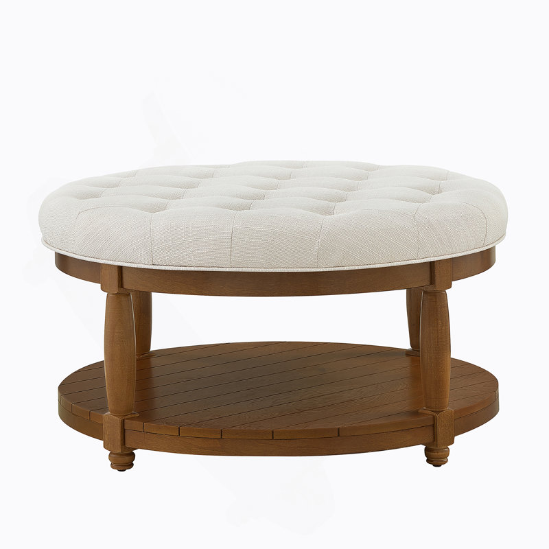 Repose-pieds rond capitonné, petite table basse rembourrée, repose-pieds intérieur avec tablette de rangement, Brun, Beige