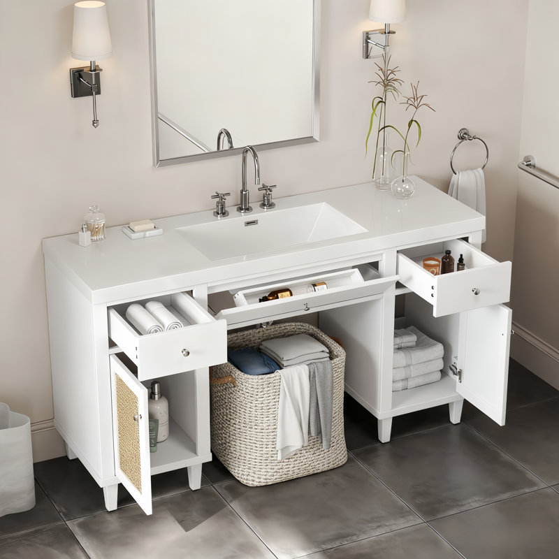 Meuble-lavabo moderne de 60 pouces avec lavabo à circulation contrôlée, tiroirs à fermeture en douceur, plateau basculant, pieds en bois massif et boutons argentés en blanc