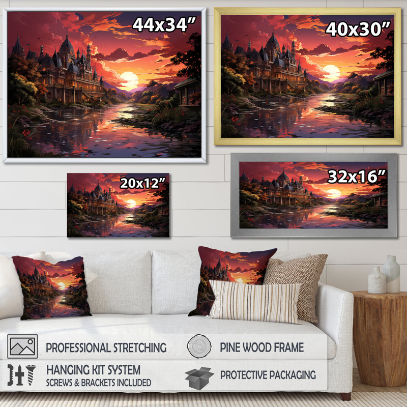 " Mystery Castel With Croal Sunset ", Gold Floater Framed, 34" H x 44" W x 1.5" D