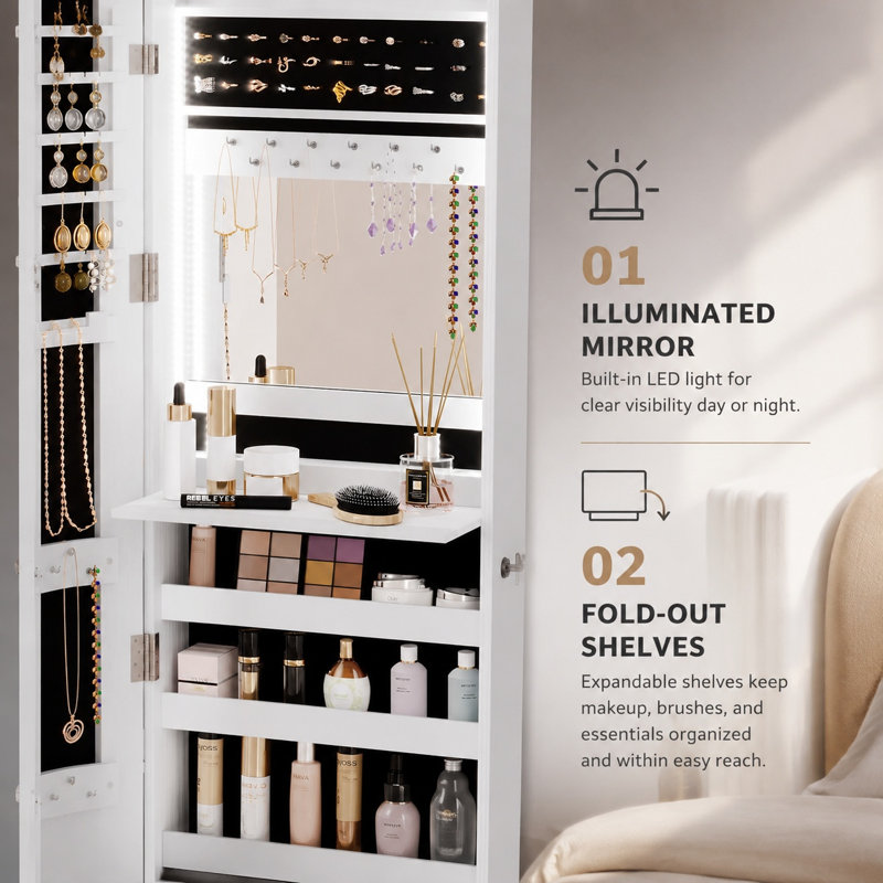 Armoire à bijoux à DEL blanche verrouillable, Blanc