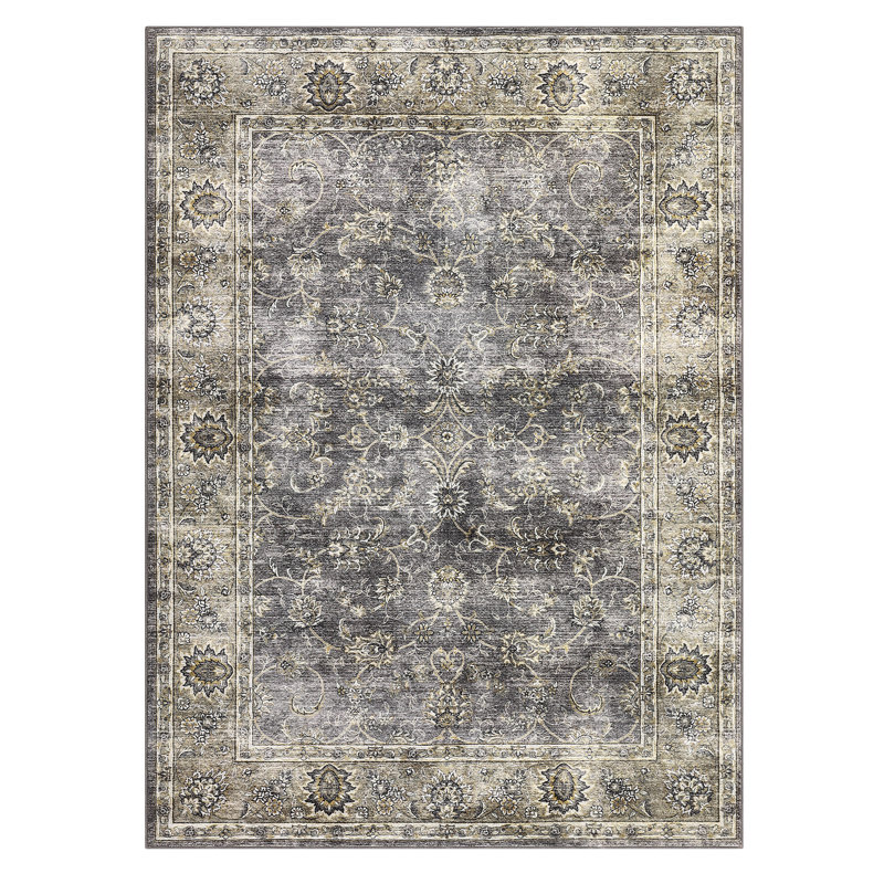 Vintage Floral Machine Washable Rug Low Pile Bedroom Rug Stain Resistant Boho Carpet Non Slip Distressed Rug Lightweight Throw Carpet